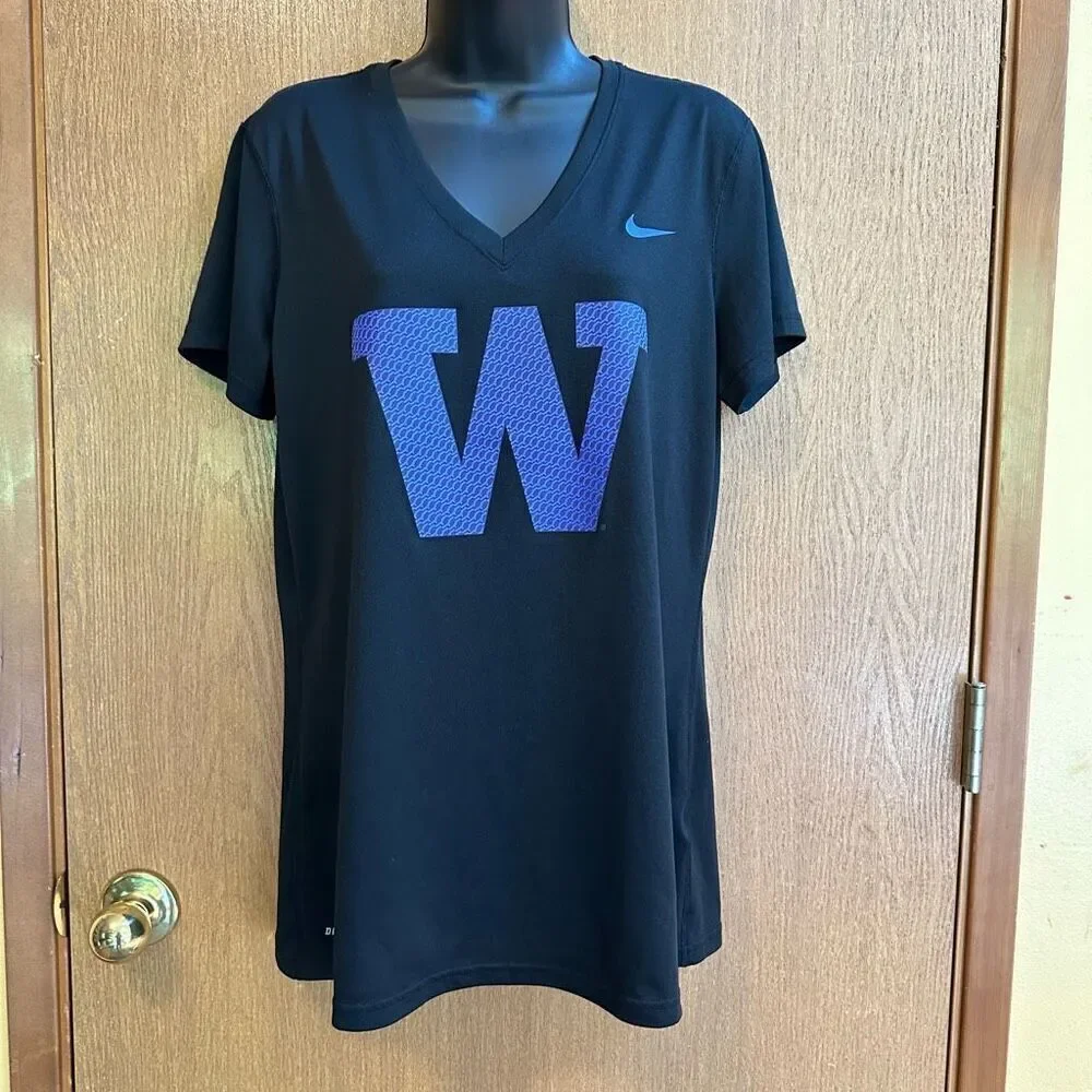 Nike Dri-Fit UW Washington Huskies V-Neck Black Short Sleeve T-Shirt | Women Siz